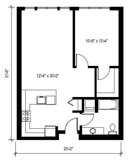 Floor plan for 1 bed, 1 bath, 748 sqft